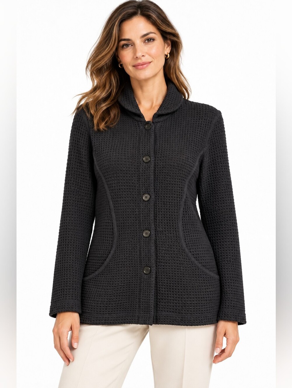 Eileen Fisher Black Waffle Knit Button Front Cardigan Sweater Jacket Small